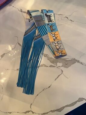 Silk Horse Print Fringe twilly - Blue & Yellow